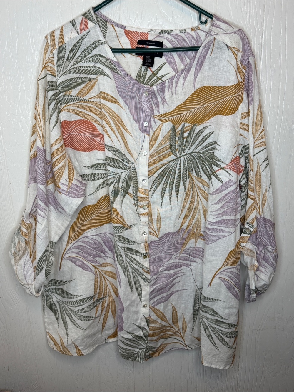 Tahari 100% Linen White Botanical Print Button-Down 3X